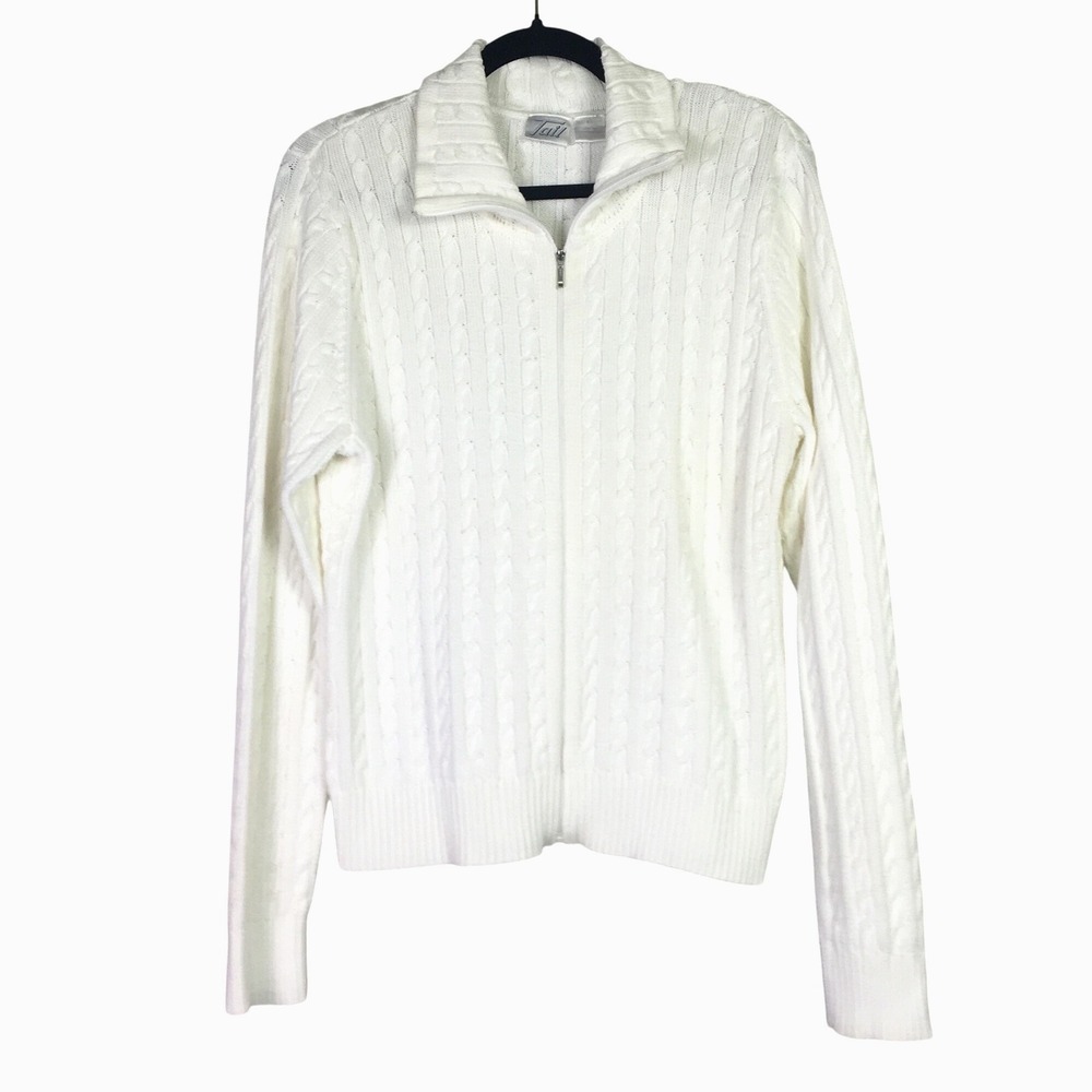 Tail Cable Knit Full Zip Mock Neck Cardigan Sweater Large White